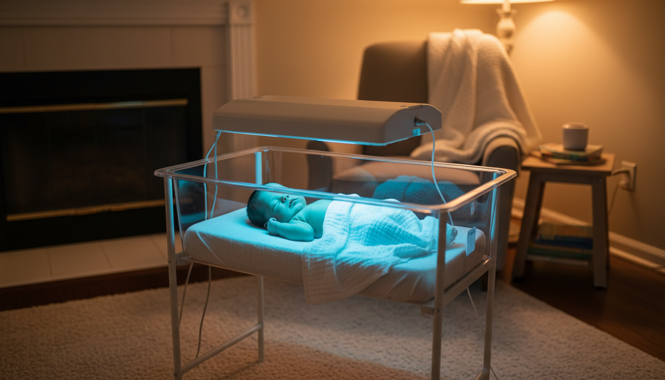 Miminko léčené domácí fototerapií v pohodlí domova